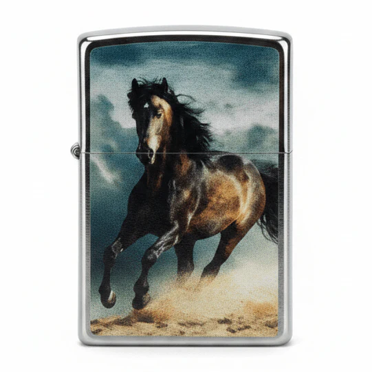 Zippo Silver Metal Lighter with Wild Stallion Horse Artwork Design, Flip-Top Refillable (6×4 cm)