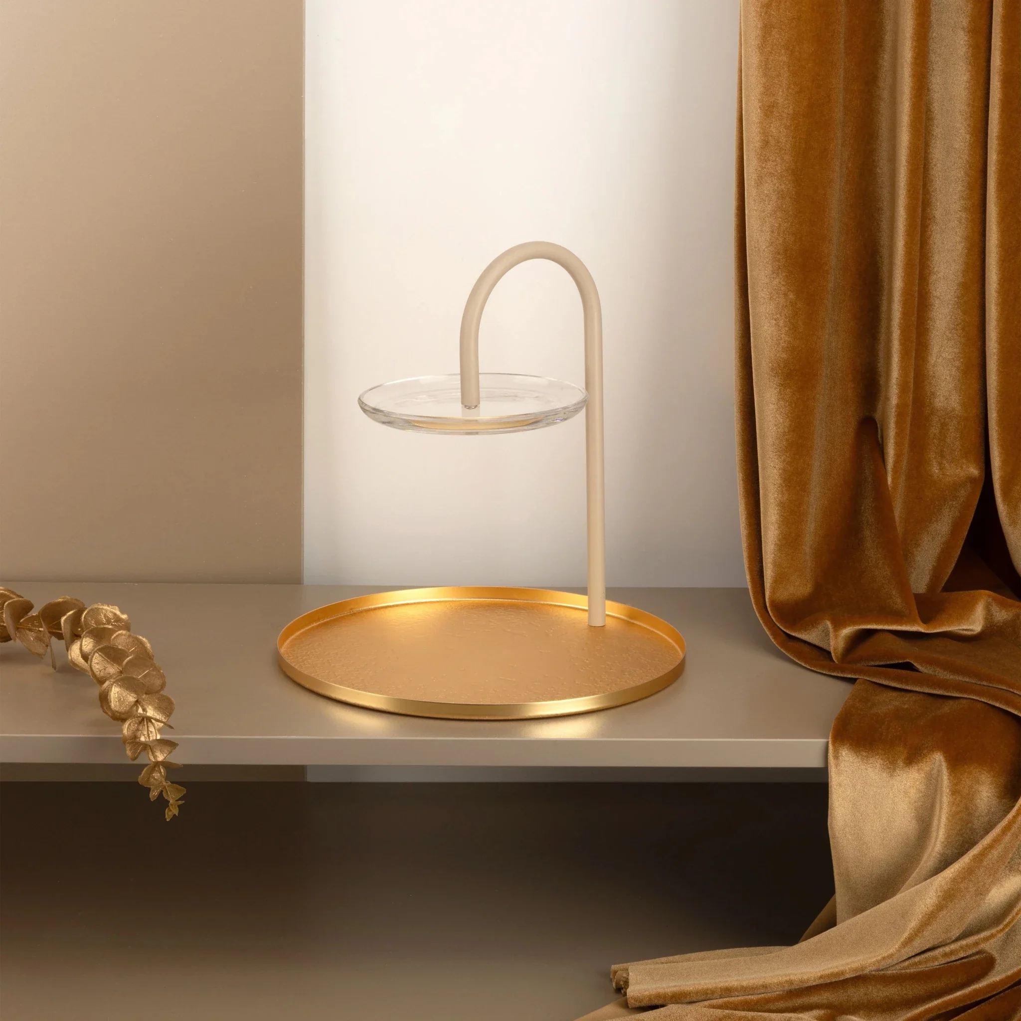 Otantik Stainless Steel Two-Tier Stand With Bracket From Nourhan - Matte Gold + Beige