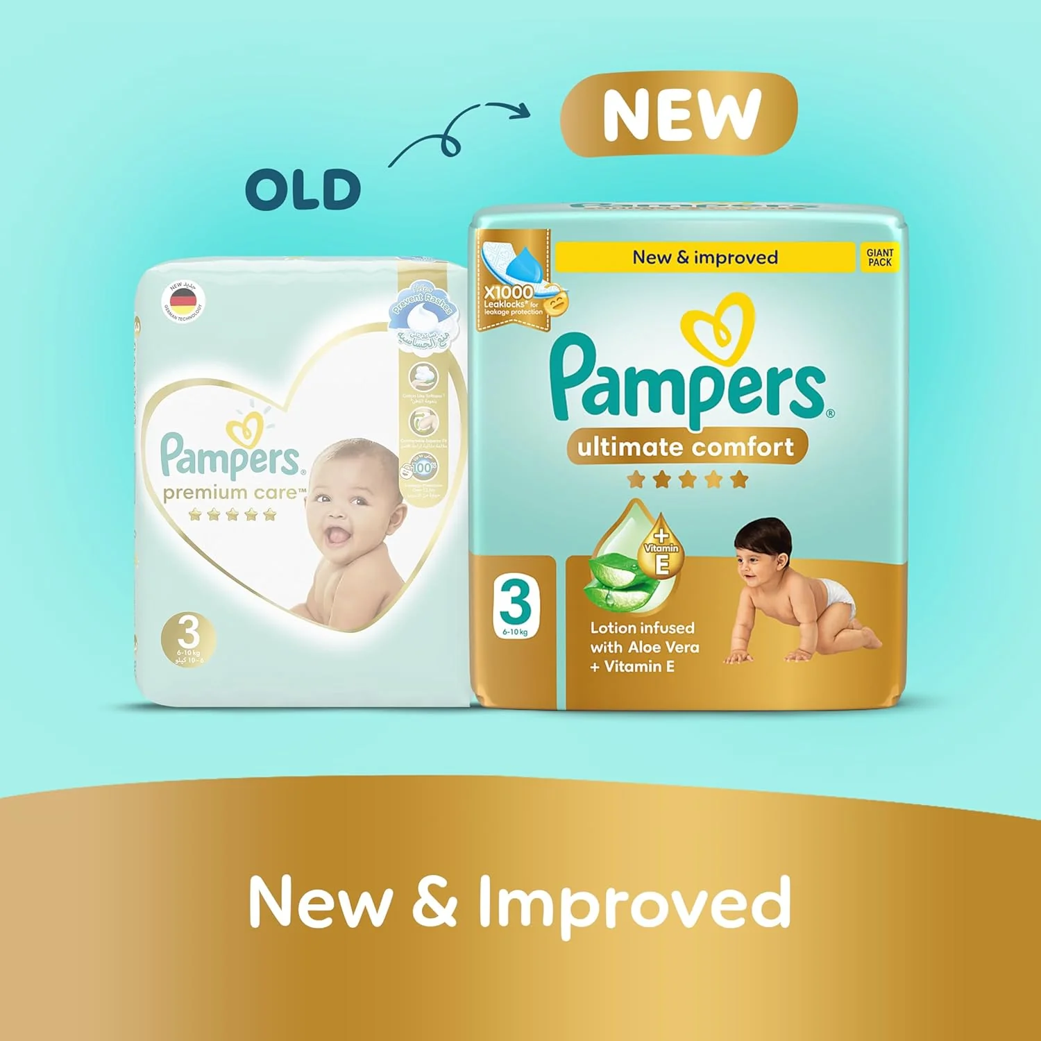Pampers Ultimate Comfort Taped Diapers, Size 3, 6-10kg, Lotion infused with Aloe Vera and Vitamin E, x1000 Leak Locks Technology for Leakage Protection, Mega Pack, 62 Count - Image 2