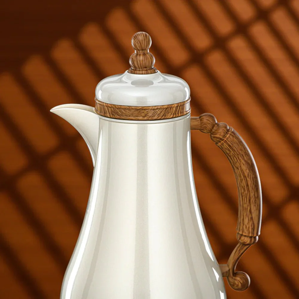 Almarjan Vacuum Flask Set 1L + 1L Pearl White & Light Wood - Image 2