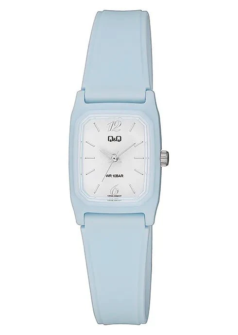 Q&Q V33A-006VY analog watch with a light blue resin case and strap